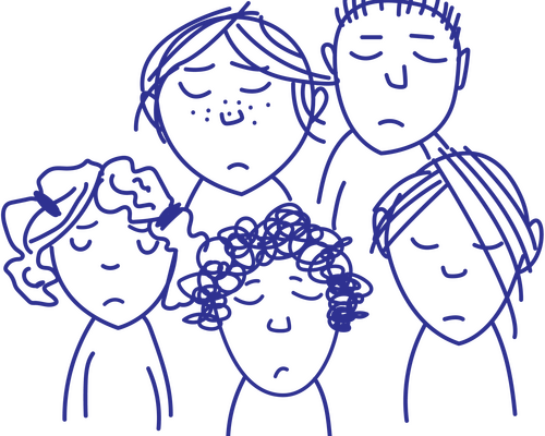 Illustration von fünf Kindern, die erschöpft aussehen und die Augen geschlossen haben
