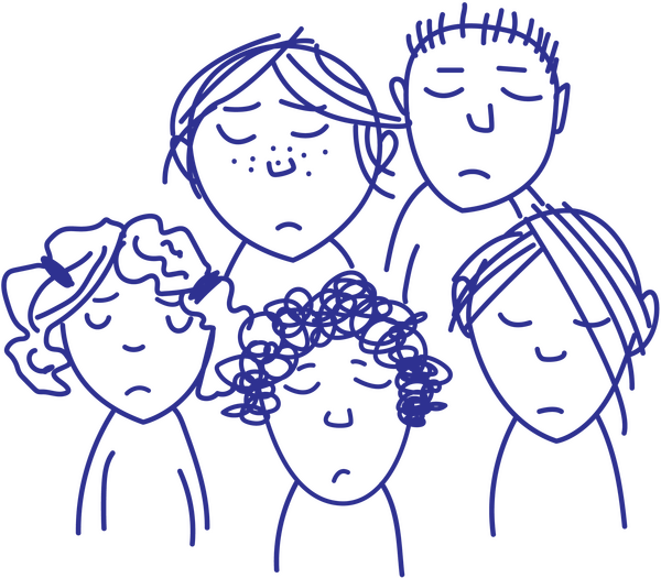 Illustration von fünf Kindern, die erschöpft aussehen und die Augen geschlossen haben