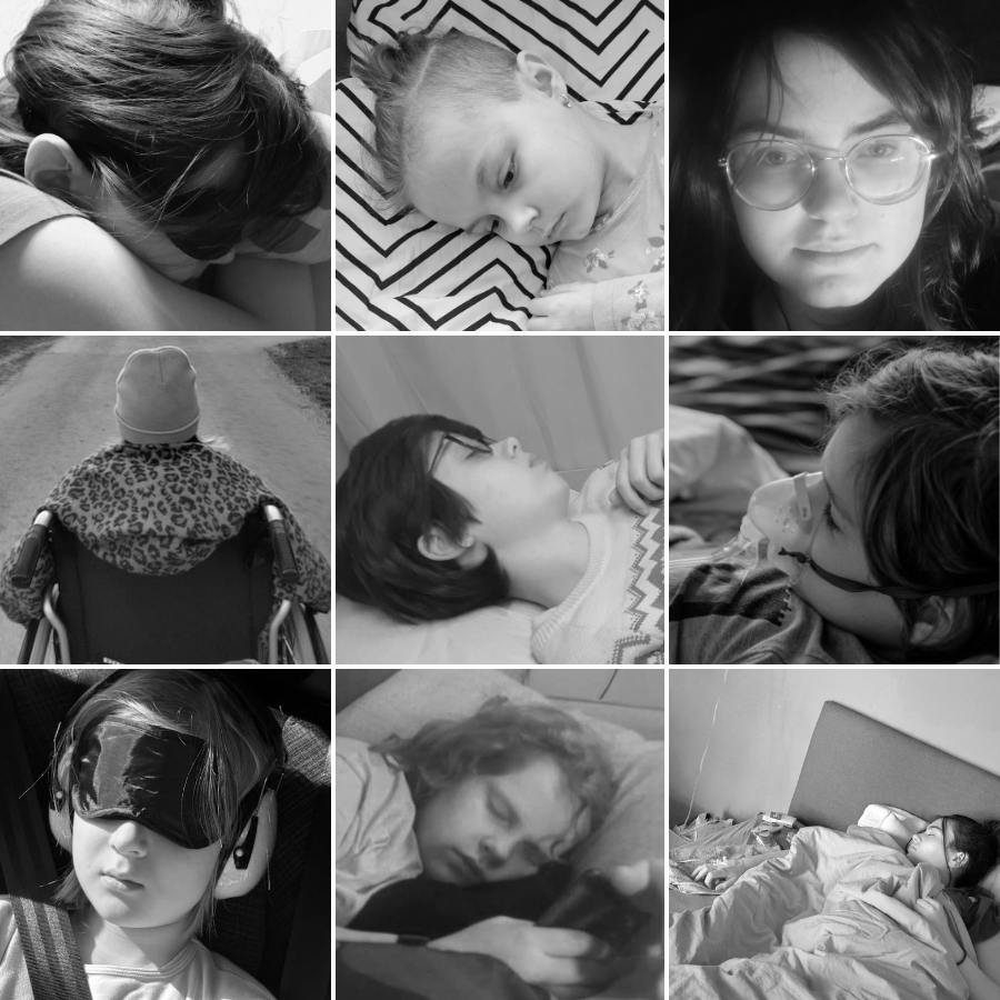 Collage von neun schwarz-weiß Fotos von Kindern, die müde im Bett liegen, eine Schlafmaske oder Atemmaske tragen
