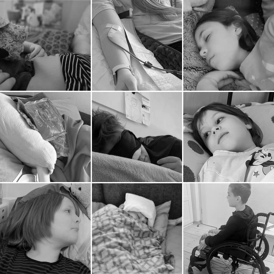 Collage von neun schwarz-weiß Fotos von Kindern, die müde sind, im Rollstuhl sitzen oder Kühlpacks auf der Stirn haben